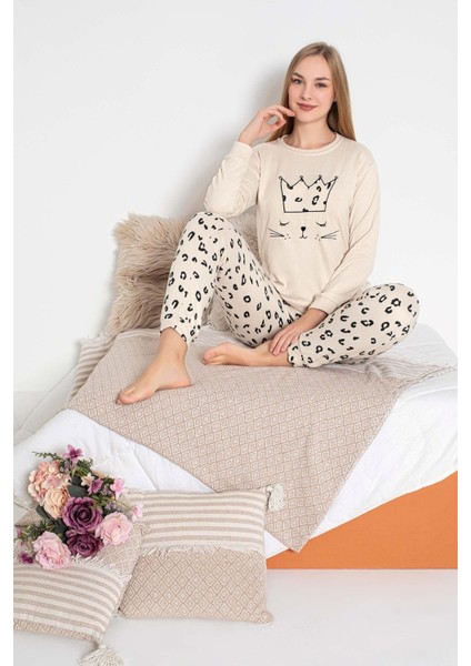 Kadın Bisiklet Yaka Düğmesiz Kışlık Termal Bilek Manşetli Jogger Uzun Kol Cepli Pijama Takımı