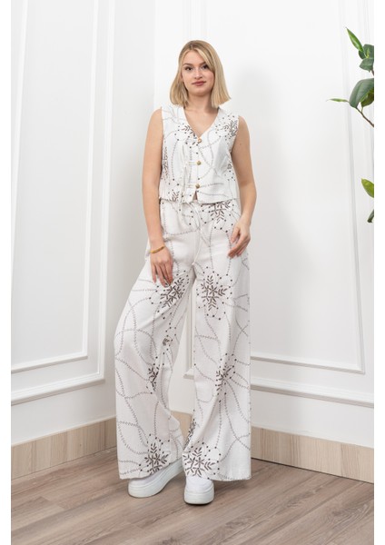 Spagetti Biritli Yelek Keten Kumaş Bol Paça Pantolon Takım 1232