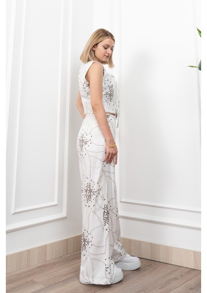 Spagetti Biritli Yelek Keten Kumaş Bol Paça Pantolon Takım 1232 modelleri