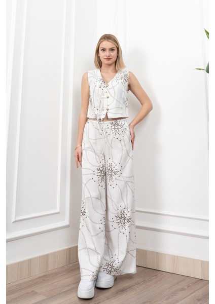 Spagetti Biritli Yelek Keten Kumaş Bol Paça Pantolon Takım 1232 fırsatları