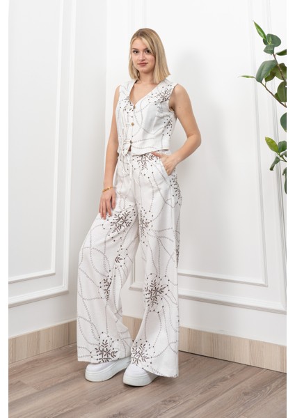 Spagetti Biritli Yelek Keten Kumaş Bol Paça Pantolon Takım 1232 indirimleri