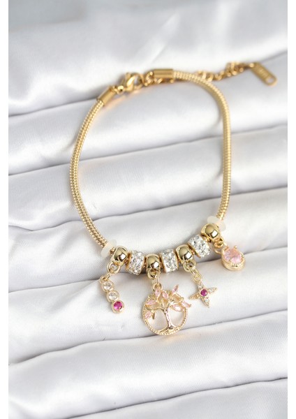 Pirinç Gold Renk Yaşam Ağacı Charmlı Kadın Bileklik TG27BB7989