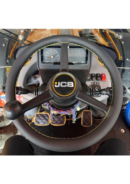 Dikişli Direksiyon Kılıfı Damarlı Deri Sarı Dikişli Jcb Iş Makinası Fotoğraftaki Direksiyon Için