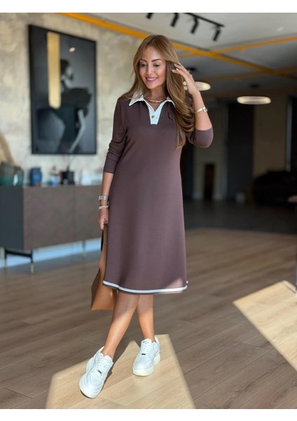 Şans Life Kadın Etek Ucu Biyeli Polo Yaka Uzun Kollu Midi Boy Örme Elbise fırsatları