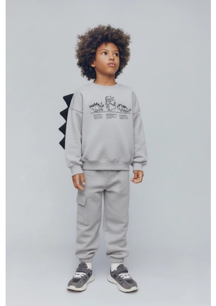 Erkek Çocuk Pamuklu Gri Dinozor Baskılı Eşofman Takım - Cep Detaylı