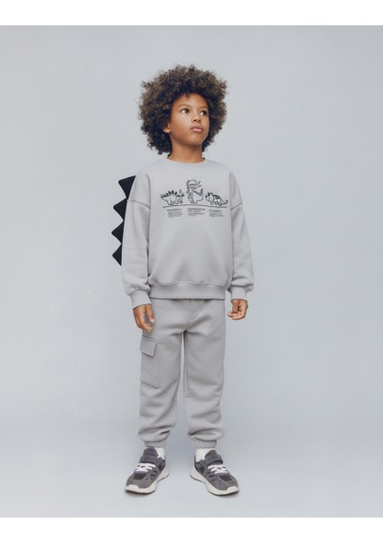Erkek Çocuk Pamuklu Gri Dinozor Baskılı Eşofman Takım - Cep Detaylı fiyatları