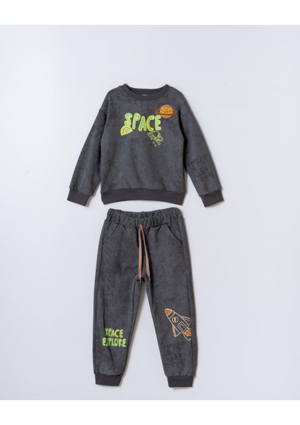 Erkek Çocuk Pamuklu Füme Space Temalı Eşofman Takım - Gezegen ve Roket Baskılı fiyatları
