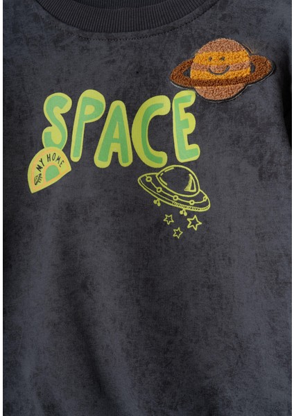 Erkek Çocuk Pamuklu Füme Space Temalı Eşofman Takım - Gezegen ve Roket Baskılı fırsatları