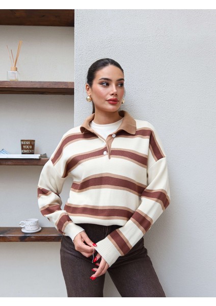 Polo Yaka Şeritli Triko Kazak