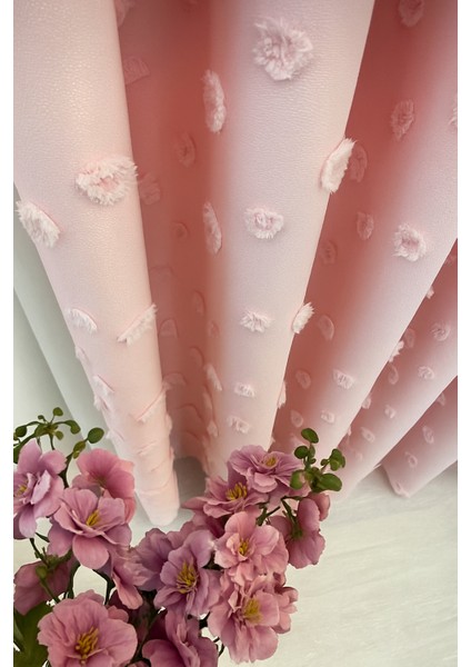 Püsküllü Şeker Pembe Keten Fon 1 / 3 Sık Pileli Fon, Perde, Tül, ( Tek Kanat )