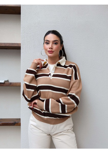 Polo Yaka Şeritli Triko Kazak