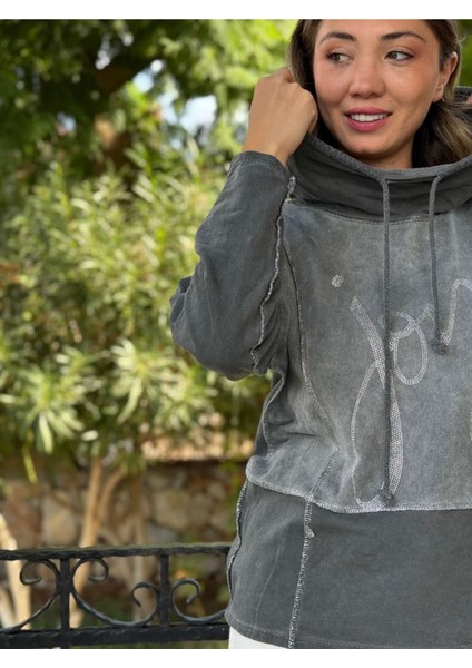 NC8533C Italyan Joy Taşlı Kapüşonlu Coton Sweatshirt Gri fırsatları