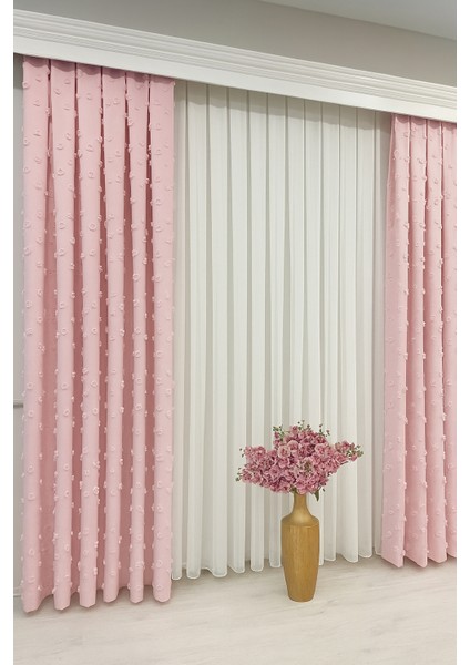 Püsküllü Şeker Pembe Keten Fon 1 / 3 Sık Pileli Fon, Perde, Tül, ( Tek Kanat ) modelleri