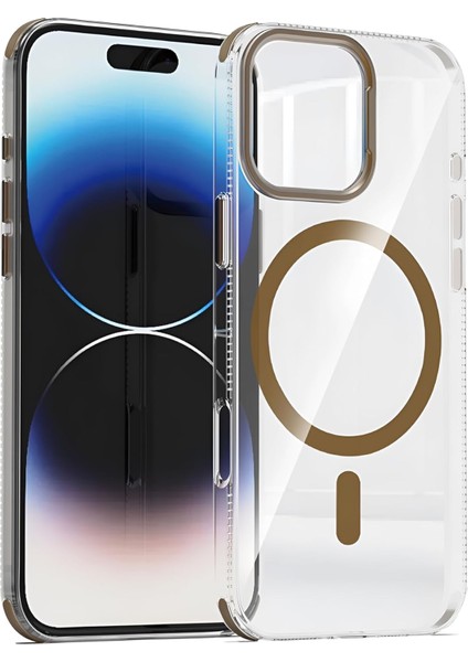 iPhone 14 Pro Max Magsafe Uyumlu Şeffaf Kılıf – Dört Köşe Darbe Koruması, Metal Kamera Çerçevesi ve Tuşlar, Sararmaya Dayanıklı Şeffaf Arka Yüzey, Platinum Serisi (Çöl Titanium)