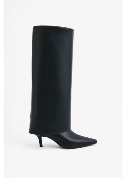 Çizme 2311 - Sivri Burun Tozluk Detaylı Siyah Kadın Çizme