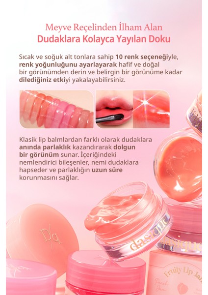 Yoğun Parlaklık Sunan, Meyve Renklerinde Kavanozda Dudak Balmı Dasıque Fruity Lip Jam 01 Peach Jam indirimleri