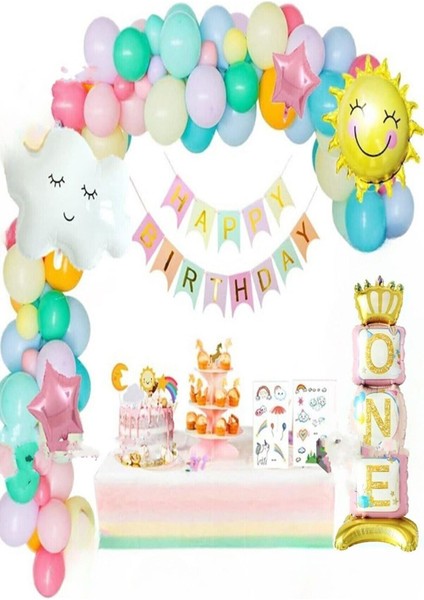 Doğum Günü Ayaklı One Pembe Folyolu, Güneş Bulutları Gökkuşağı Balon Parti Seti fiyatları
