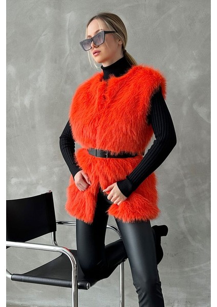 Turuncu Tüylü Uzun Kürk Şık Premium Luxury Trend Özel Tasarım Kadın Yelek