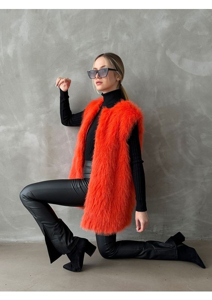 Turuncu Tüylü Uzun Kürk Şık Premium Luxury Trend Özel Tasarım Kadın Yelek fiyatları