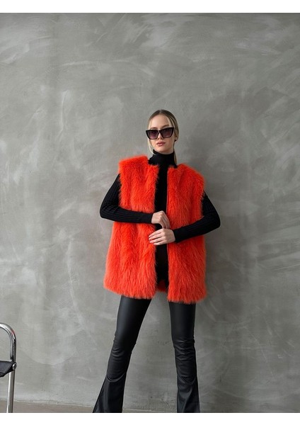 Turuncu Tüylü Uzun Kürk Şık Premium Luxury Trend Özel Tasarım Kadın Yelek modelleri