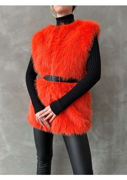Turuncu Tüylü Uzun Kürk Şık Premium Luxury Trend Özel Tasarım Kadın Yelek fırsatları