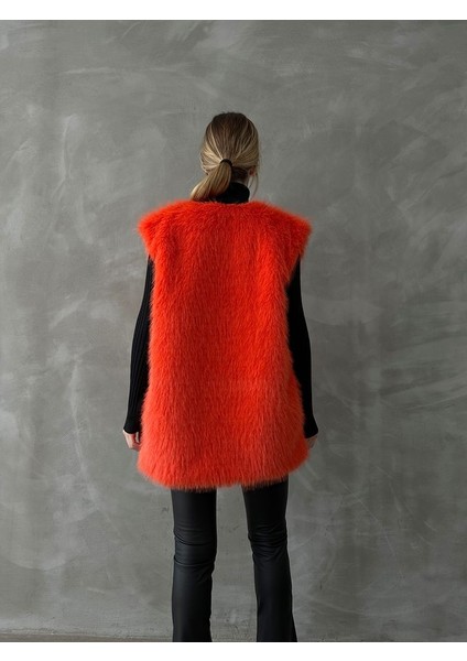 Turuncu Tüylü Uzun Kürk Şık Premium Luxury Trend Özel Tasarım Kadın Yelek indirimleri
