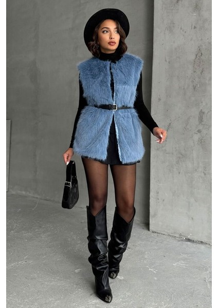 Mavi Tüylü Uzun Kürk Şık Premium Luxury Trend Özel Tasarım Kadın Yelek