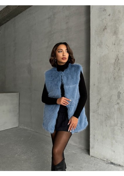 Mavi Tüylü Uzun Kürk Şık Premium Luxury Trend Özel Tasarım Kadın Yelek fiyatları