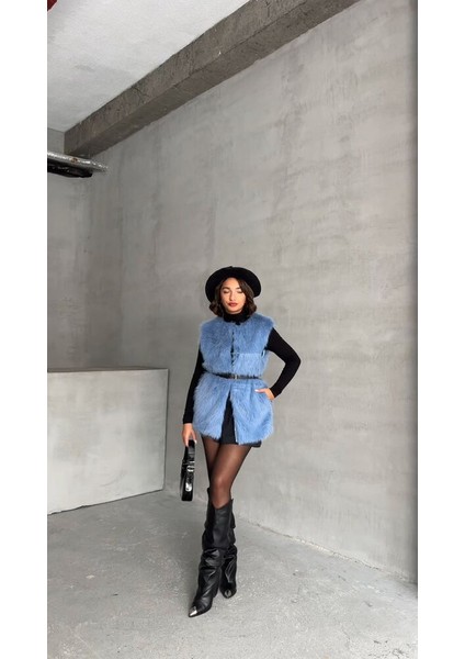 Mavi Tüylü Uzun Kürk Şık Premium Luxury Trend Özel Tasarım Kadın Yelek modelleri