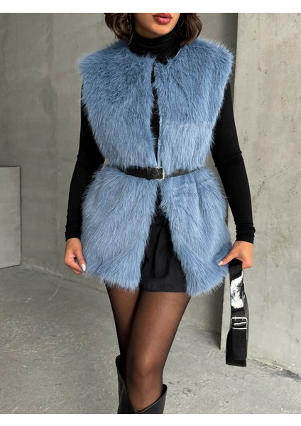 Mavi Tüylü Uzun Kürk Şık Premium Luxury Trend Özel Tasarım Kadın Yelek fırsatları