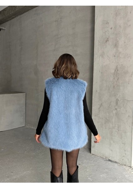 Mavi Tüylü Uzun Kürk Şık Premium Luxury Trend Özel Tasarım Kadın Yelek indirimleri