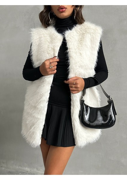 Beyaz Tüylü Uzun Kürk Şık Premium Luxury Trend Özel Tasarım Kadın Yelek modelleri