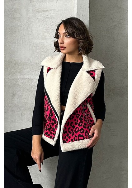 Fuşya Peluş Leopar Kürklü Çift Cepli Kadın Premium Luxury Trend Tasarım Yelek