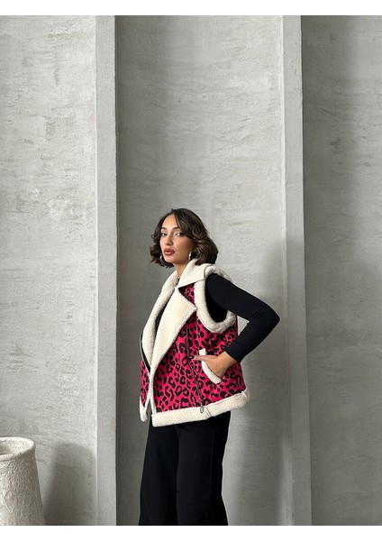 Fuşya Peluş Leopar Kürklü Çift Cepli Kadın Premium Luxury Trend Tasarım Yelek fiyatları