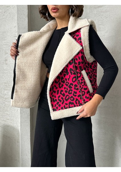 Fuşya Peluş Leopar Kürklü Çift Cepli Kadın Premium Luxury Trend Tasarım Yelek modelleri