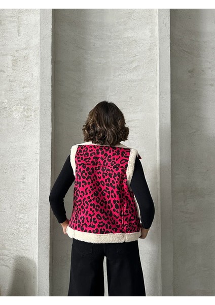 Fuşya Peluş Leopar Kürklü Çift Cepli Kadın Premium Luxury Trend Tasarım Yelek indirimleri