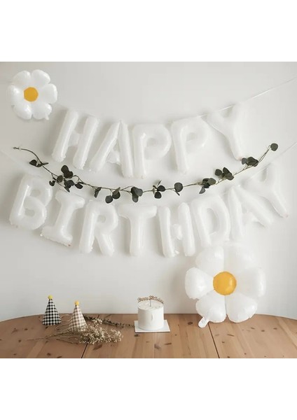Beyaz Happy Bırthday Folyo Set Papatya Folyolu