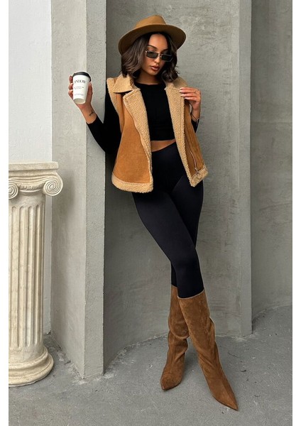 Sütlü Kahve-Krem Süet Yakası Kürklü Premium Luxury Trend Özel Tasarım Kadın Yelek