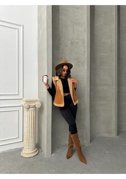 Sütlü Kahve-Krem Süet Yakası Kürklü Premium Luxury Trend Özel Tasarım Kadın Yelek fiyatları