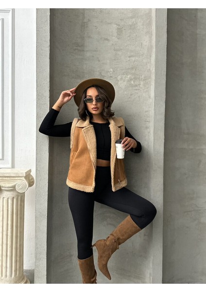 Sütlü Kahve-Krem Süet Yakası Kürklü Premium Luxury Trend Özel Tasarım Kadın Yelek modelleri
