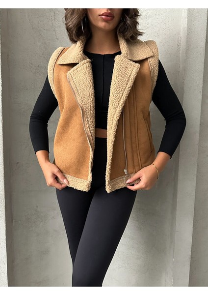 Sütlü Kahve-Krem Süet Yakası Kürklü Premium Luxury Trend Özel Tasarım Kadın Yelek fırsatları