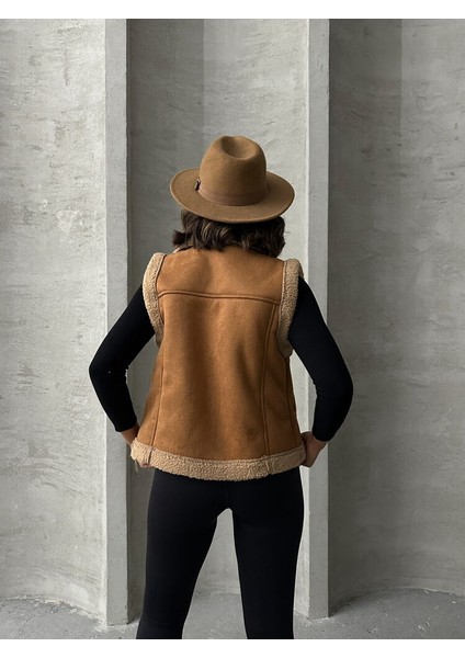 Sütlü Kahve-Krem Süet Yakası Kürklü Premium Luxury Trend Özel Tasarım Kadın Yelek indirimleri
