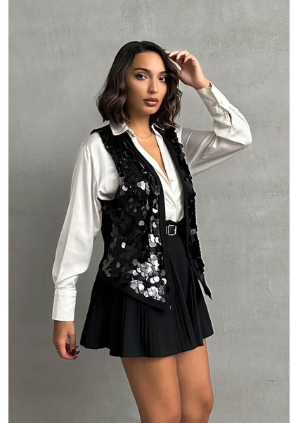 Siyah Pul Detaylı Şık Uzun Premium Luxury Trend Tasarım Kadın Yelek