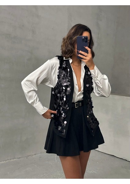 Siyah Pul Detaylı Şık Uzun Premium Luxury Trend Tasarım Kadın Yelek fiyatları