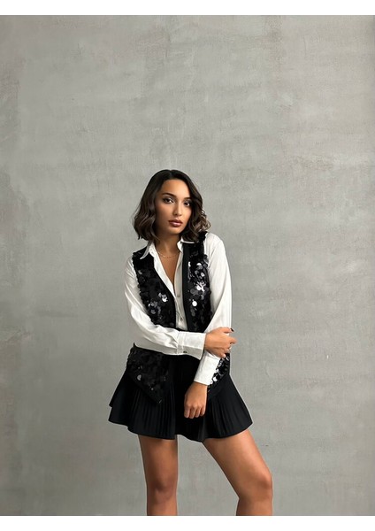 Siyah Pul Detaylı Şık Uzun Premium Luxury Trend Tasarım Kadın Yelek modelleri