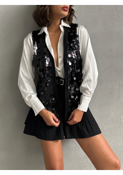 Siyah Pul Detaylı Şık Uzun Premium Luxury Trend Tasarım Kadın Yelek fırsatları