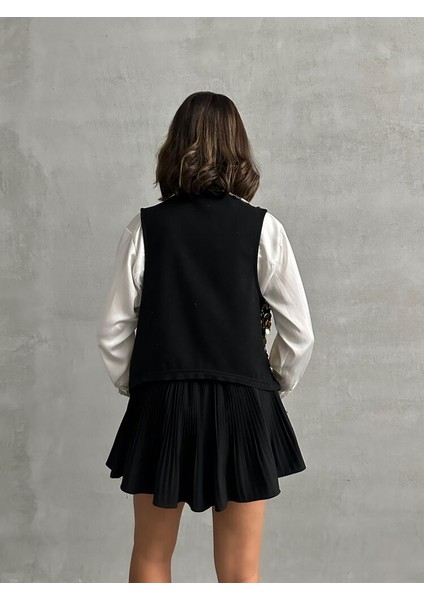 Siyah Pul Detaylı Şık Uzun Premium Luxury Trend Tasarım Kadın Yelek indirimleri