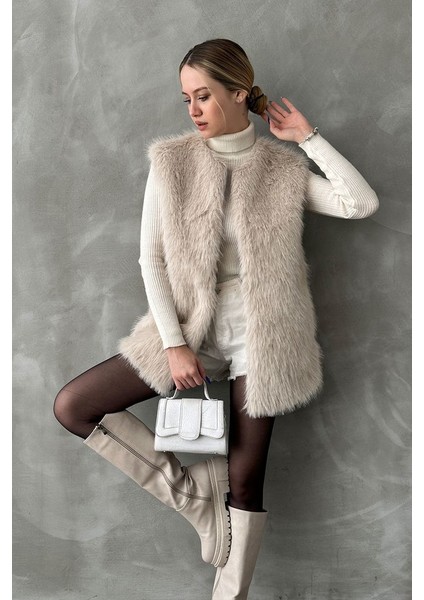 Krem Tüylü Uzun Kürk Şık Premium Luxury Trend Özel Tasarım Kadın Yelek