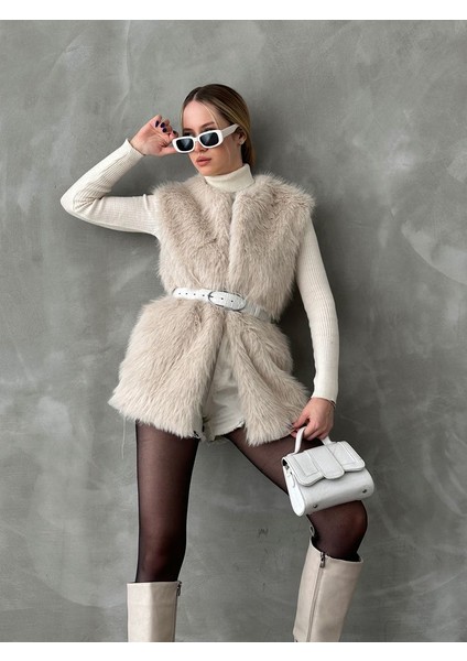 Krem Tüylü Uzun Kürk Şık Premium Luxury Trend Özel Tasarım Kadın Yelek fiyatları
