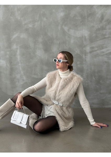 Krem Tüylü Uzun Kürk Şık Premium Luxury Trend Özel Tasarım Kadın Yelek modelleri
